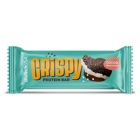 BioTechUSA Crispy Protein Bar - hrskava proteinska pločica bijele podloge s okusom kakaa, ekstrudatom mliječnih proteina, komadićima keksa, šećerima i zaslađivačima, bez glutena.