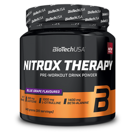 BioTechUSA Nitrox Therapy napitak u prahu za prije treninga, sa šećerom i sladilom, aminokiselinama, vitaminima, mineralima i 200 mg kofeina u dnevnoj dozi.
