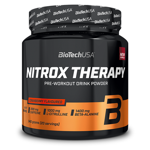 BioTechUSA Nitrox Therapy napitak u prahu za prije treninga, sa šećerom i sladilom, aminokiselinama, vitaminima, mineralima i 200 mg kofeina u dnevnoj dozi.