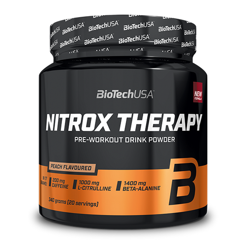 BioTechUSA Nitrox Therapy napitak u prahu za prije treninga, sa šećerom i sladilom, aminokiselinama, vitaminima, mineralima i 200 mg kofeina u dnevnoj dozi.