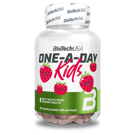 BioTechUSA One-A-Day Kids multivitaminske žvakaće tablete s 13 vrsta vitamina, 3 vrste minerala. 